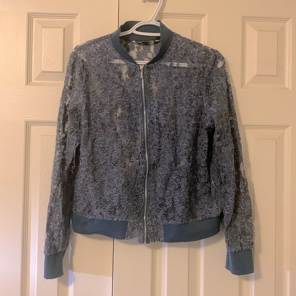 Zara Blue Lace Bomber Jacket-size L-NWOT - Picture 2 of 9